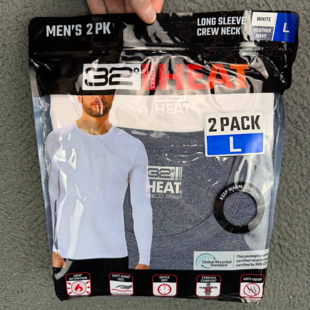 32 Degrees Heat Mens 2 Pack Long Sleeve Crew Neck White Heather Navy Large L